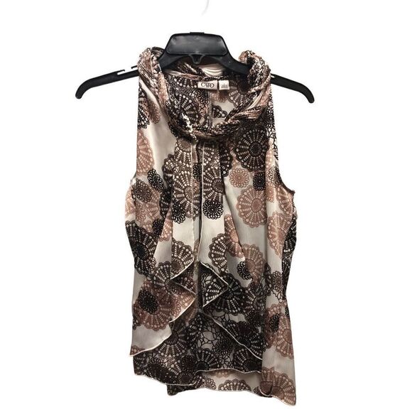 Cato Women’s Brown and Cream Paisley Circle Design Ruffle Sleeveless Tank Blouse - Picture 1 of 6
